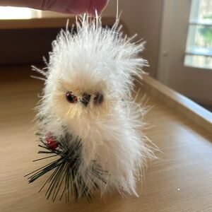 EUC Pier 1 Christmas Holiday Snowy Owl Tree Ornament with Holly Sprig